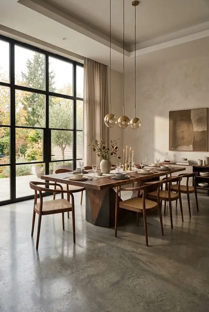 Statement walnut wood dining table with sculptural base in a modern, naturally lit dining room