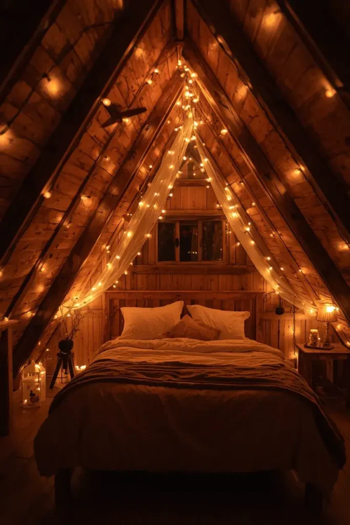 String lights decorating attic bedroom wooden beams