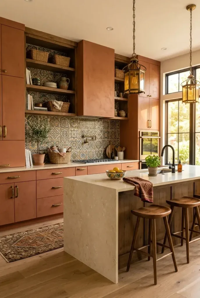 Terracotta kitchen cabinets with cream countertops and Mediterranean decor