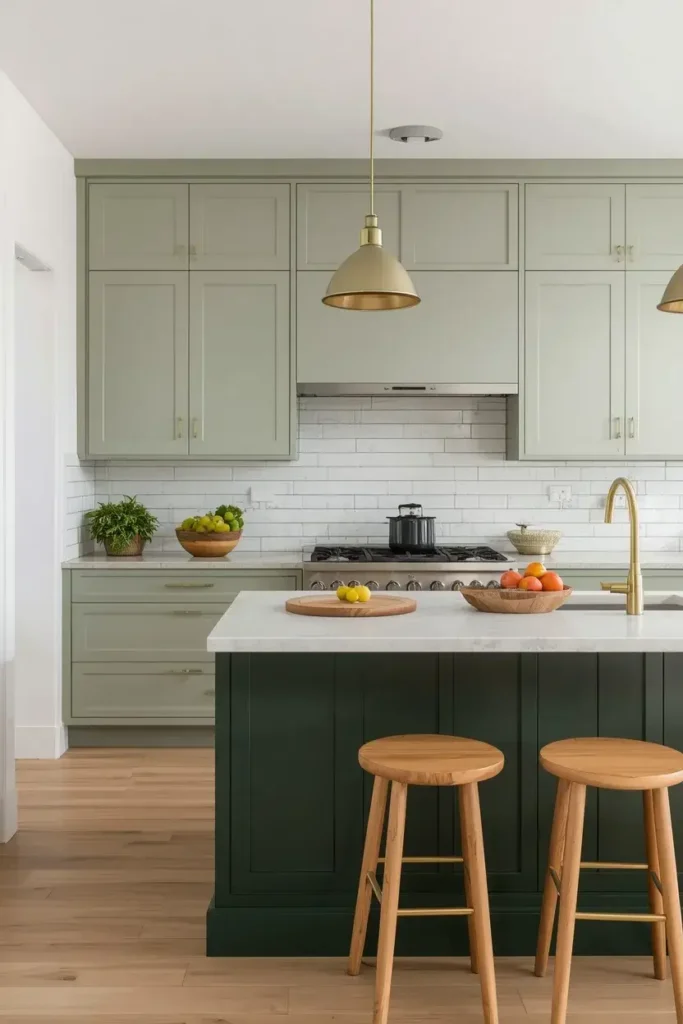 Two-tone green kitchen with sage cabinets and a dark green island