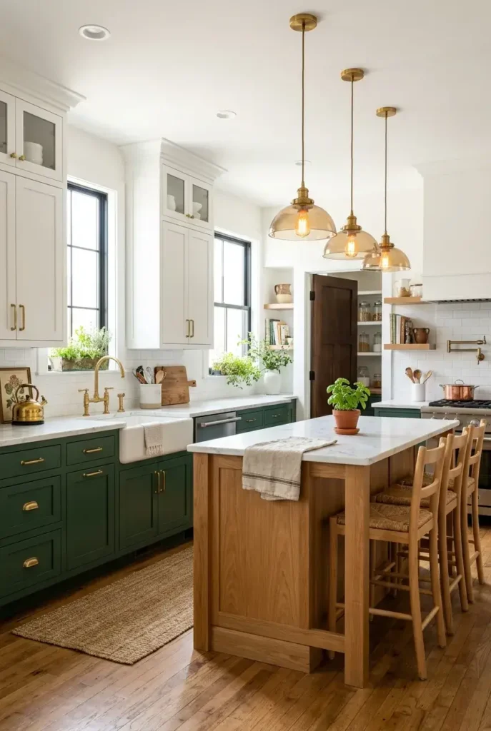 Two-tone kitchen cabinets with white upper and green lower cabinets