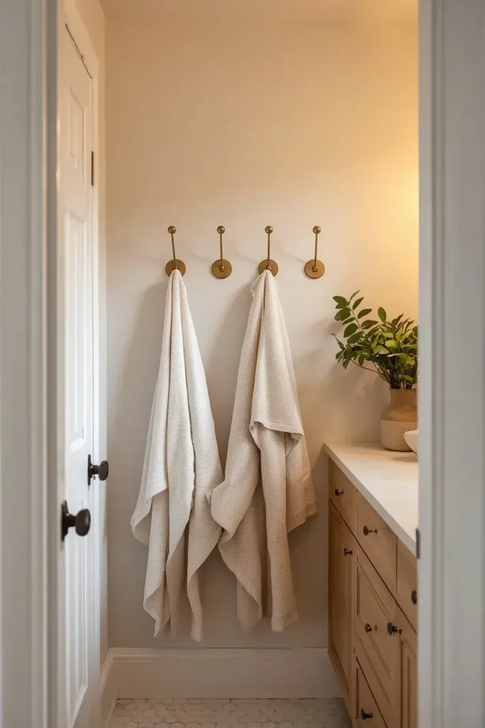 Wall hooks holding towels and a robe in a small bathroom
