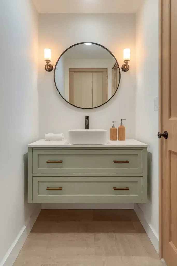 Wall-mounted floating vanity creating storage in a small bathroom