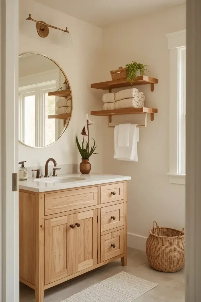 Warm bathroom with natural wood vanity, shelves, woven basket, and greenery