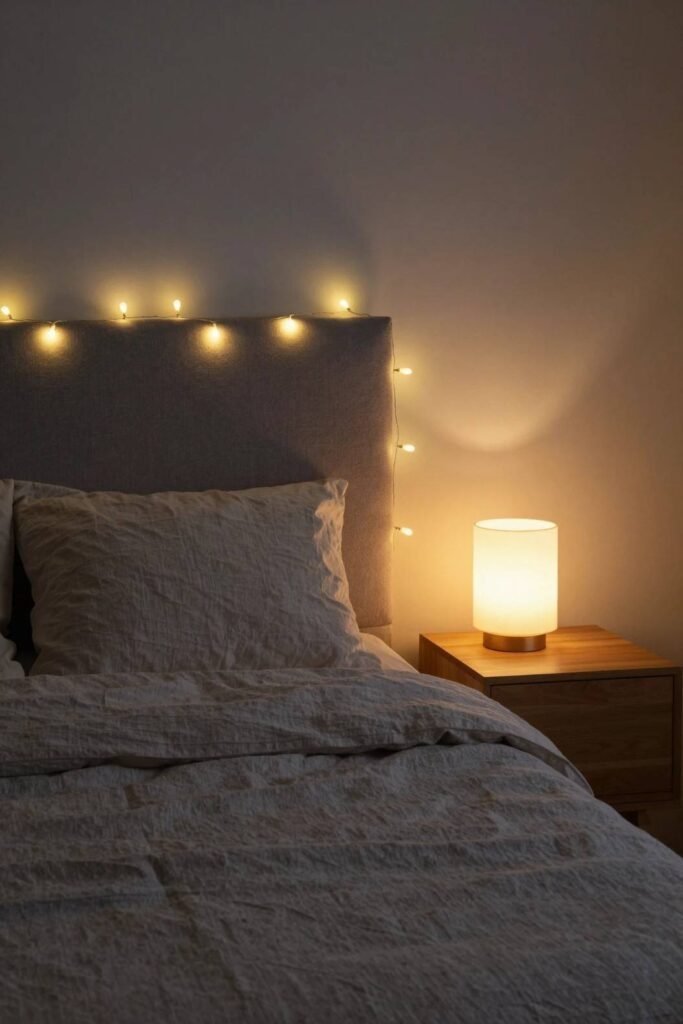 Warm fairy lights and lamp lighting idea for guest room ambiance

