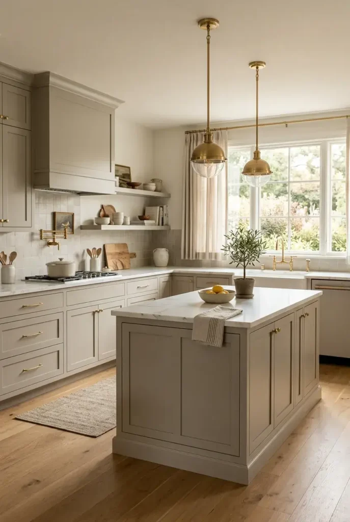 Warm greige kitchen cabinets with marble countertops and natural oak flooring