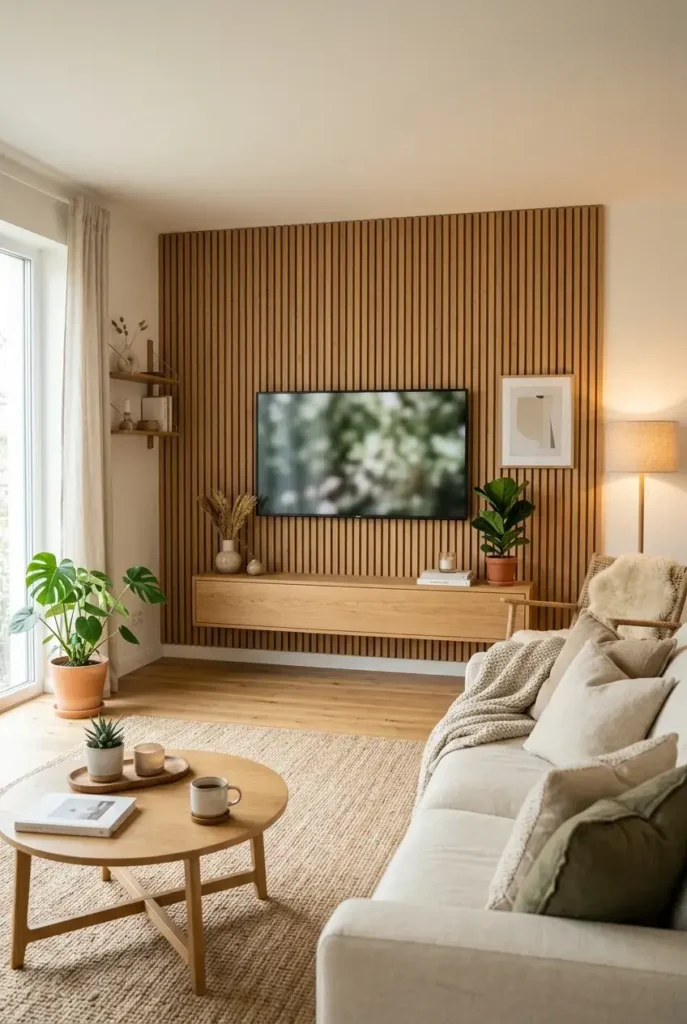 Warm wood accent wall with a mounted TV and floating console in a cozy living room