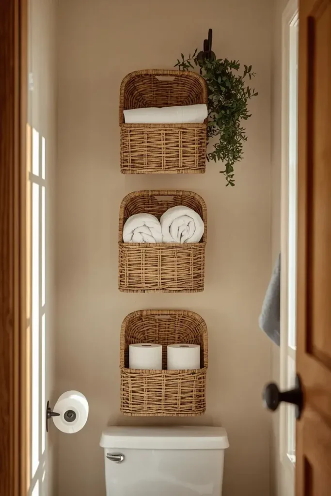 Woven wall baskets storing towels and bathroom essentials