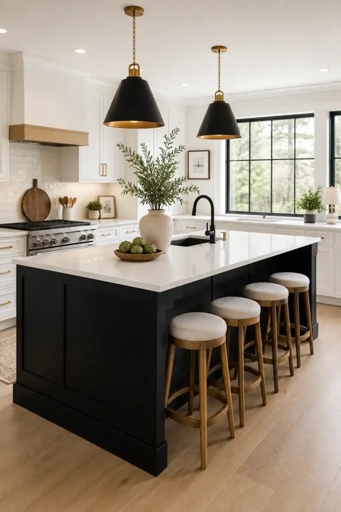 Black kitchen island surrounded by bright white cabinets.