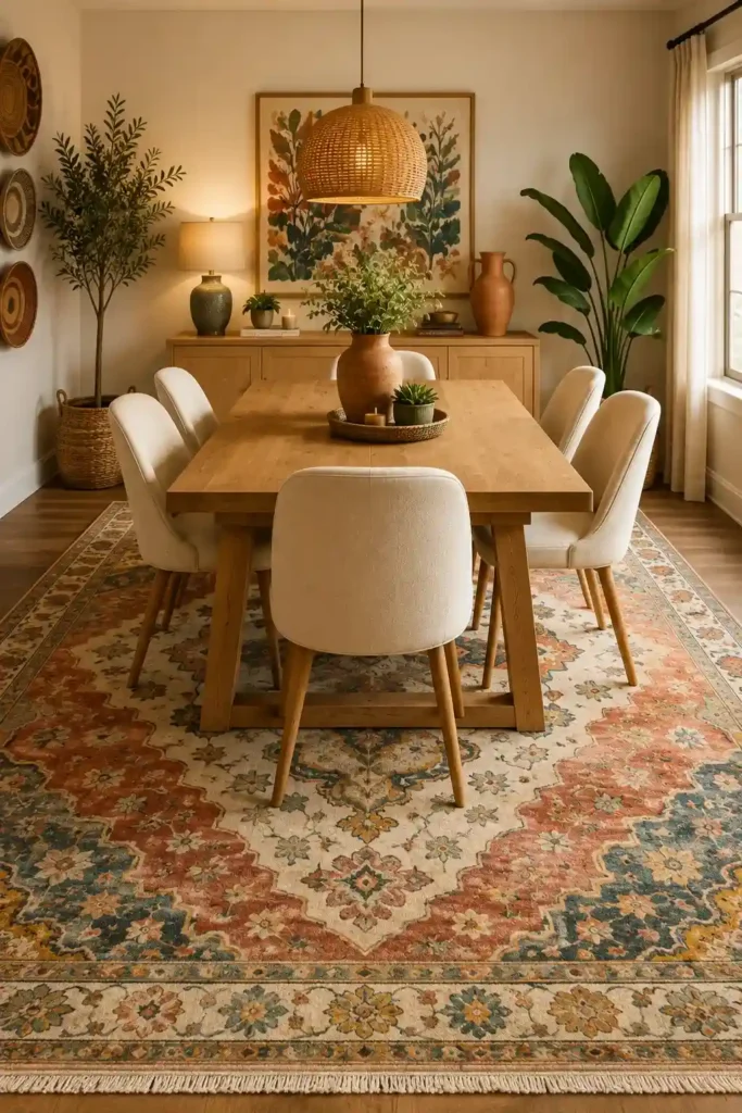 Colorful patterned rug anchoring a warm dining room