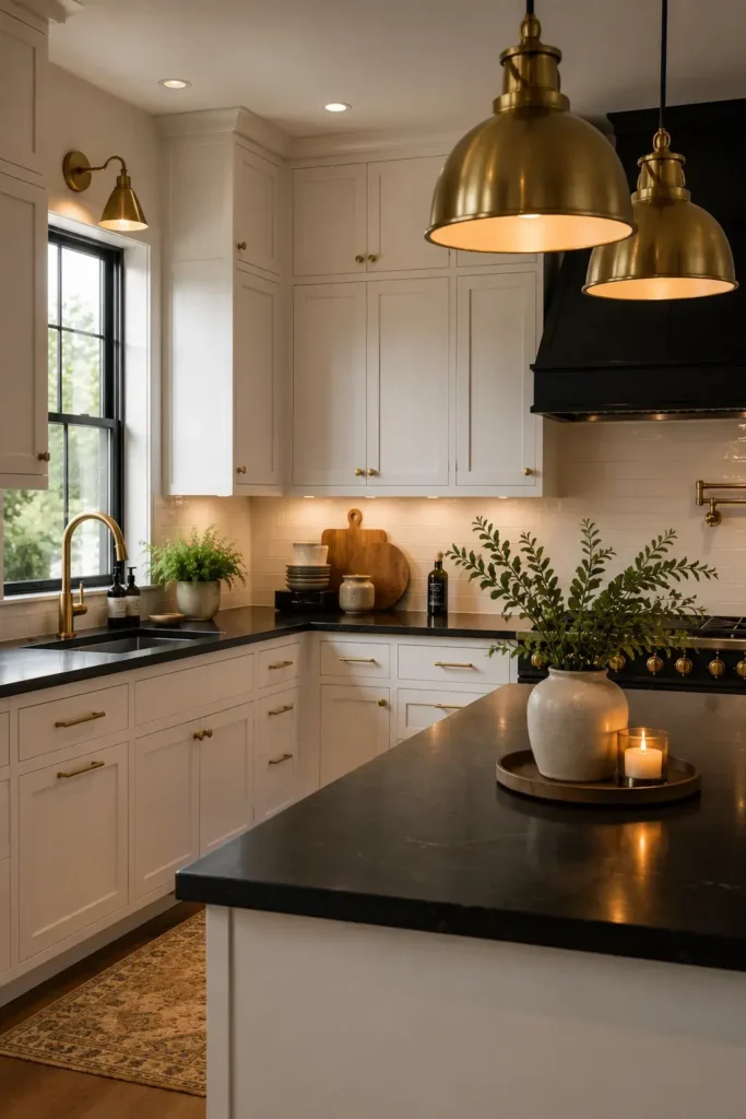 Black and white kitchen decorated with warm brass hardware.