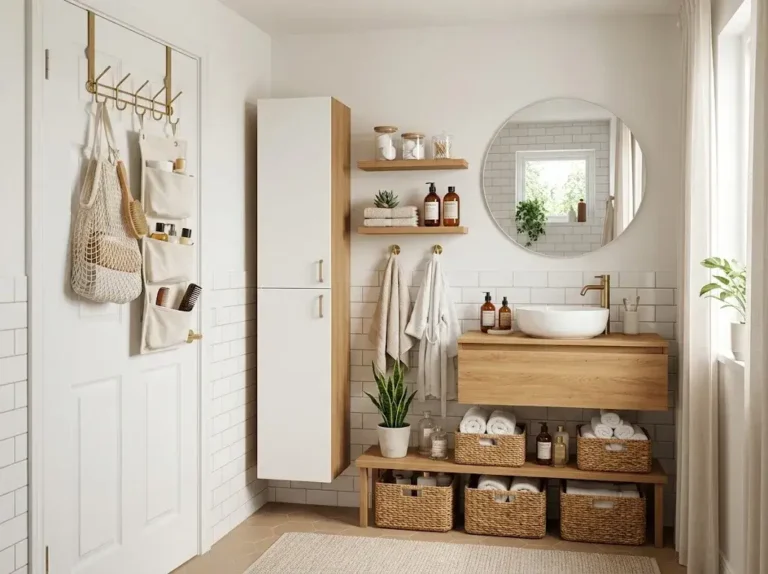Bathroom storage ideas for small spaces with floating shelves, slim cabinets, baskets, and organized toiletries.