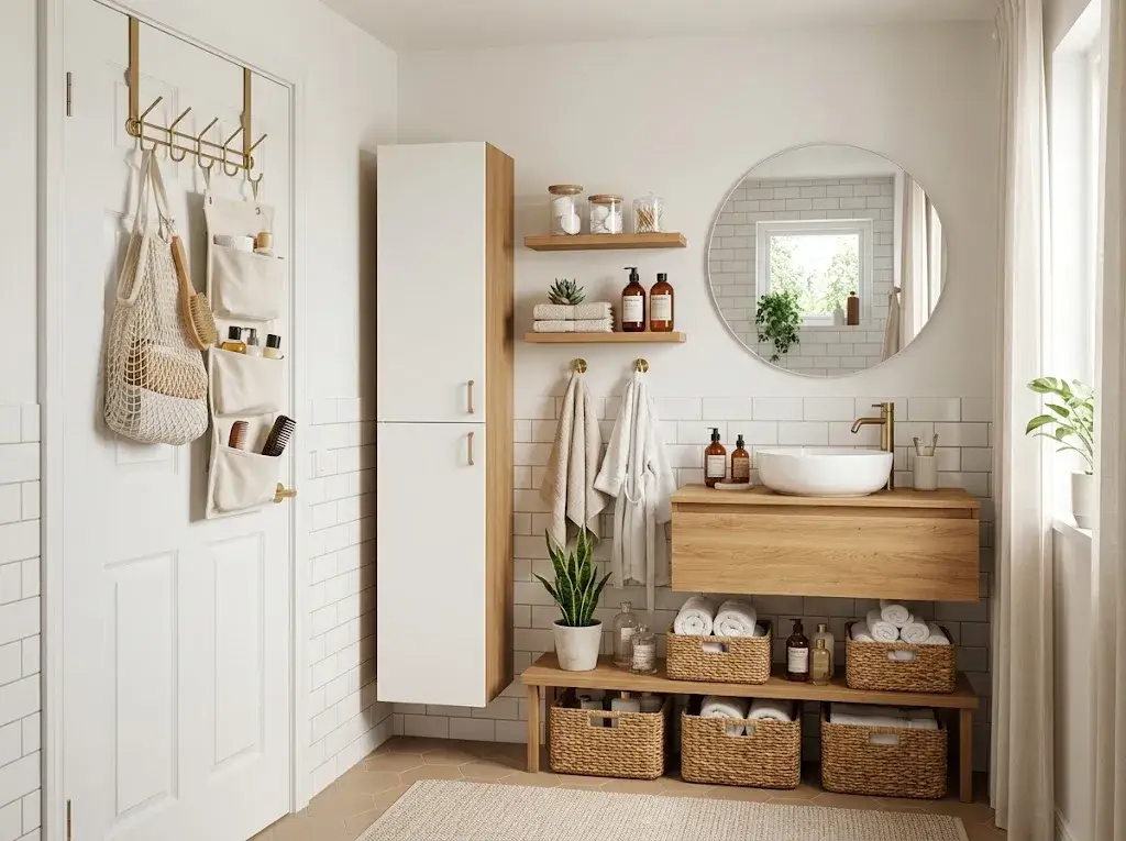 Bathroom storage ideas for small spaces with floating shelves, slim cabinets, baskets, and organized toiletries.