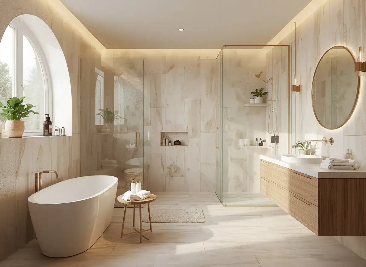 Beautiful and relaxing modern bathroom with a freestanding bathtub, natural wood vanity, plants, and warm lighting