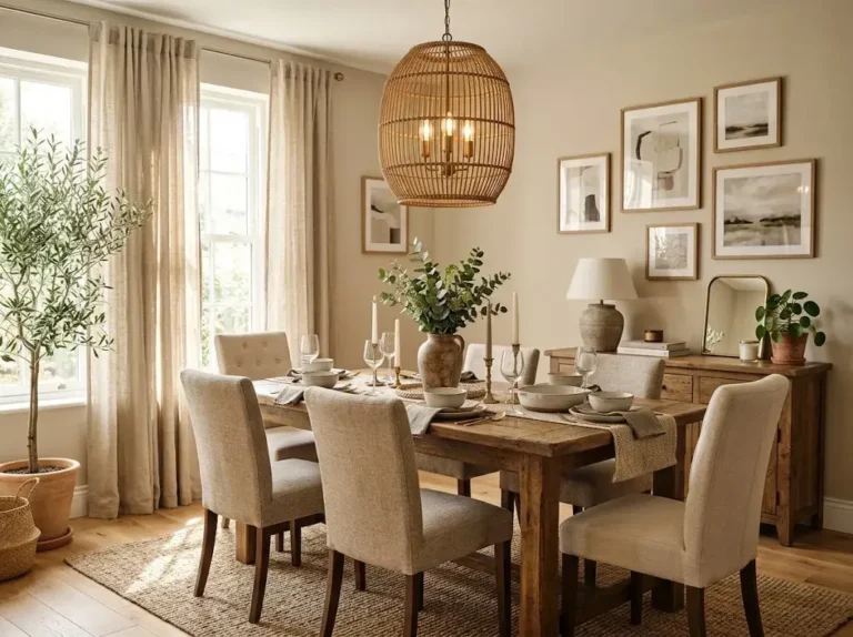 Beautiful warm dining room decor with wooden table, neutral colors, greenery, and elegant lighting.