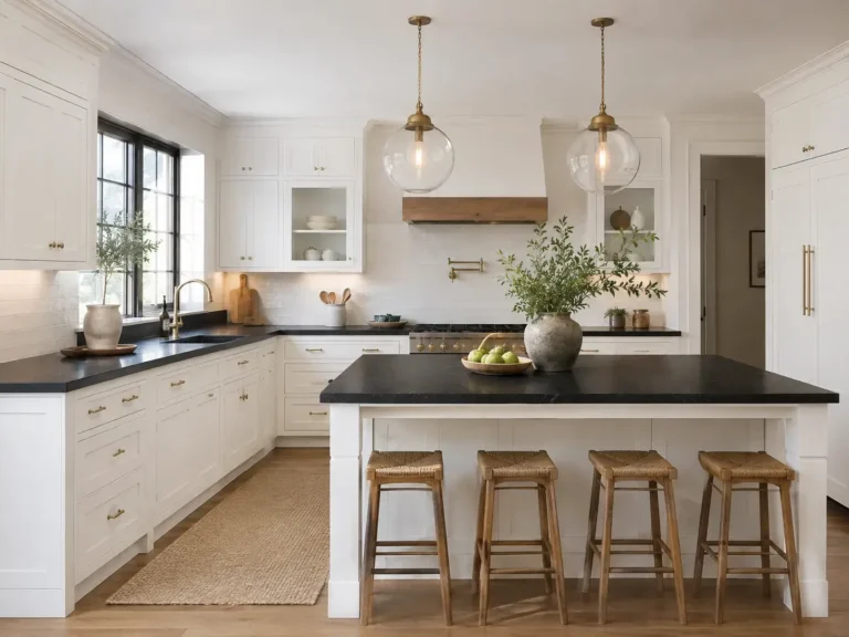 Elegant black countertops paired with white cabinets in a timeless modern black and white kitchen design.