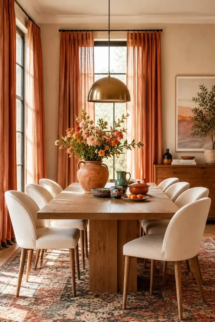 Dining room with terracotta curtains and natural wood furniture
