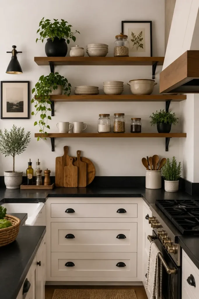 Black and white kitchen with natural wood open shelving.