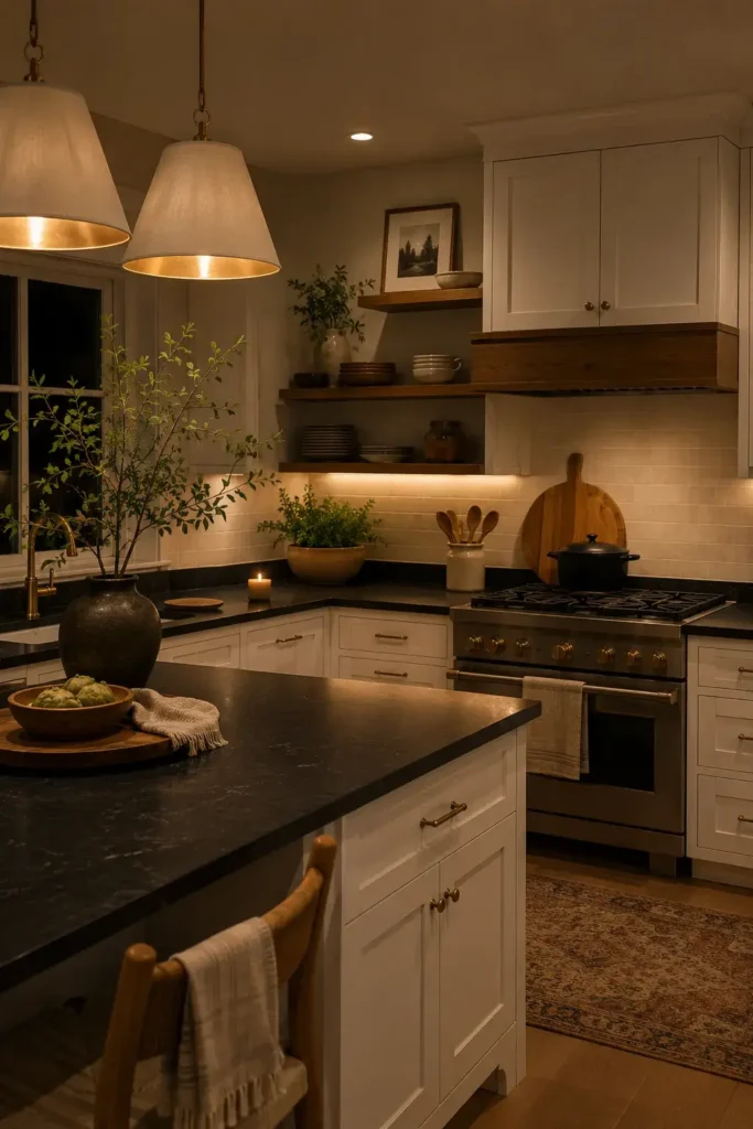 Black and white kitchen enhanced with warm layered lighting.