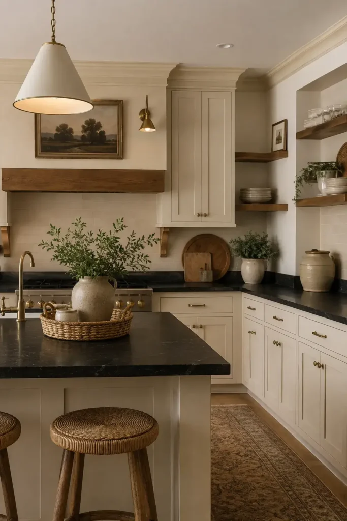 Black countertops combined with soft cream kitchen cabinets and warm accents.