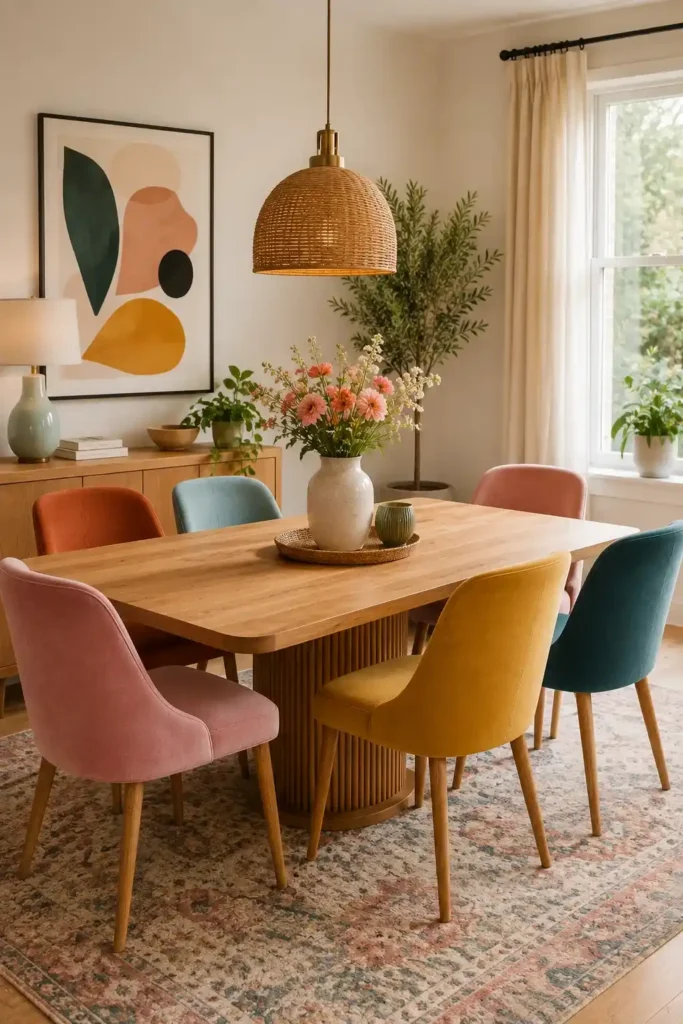 Colorful dining chairs in pink mustard teal and terracotta