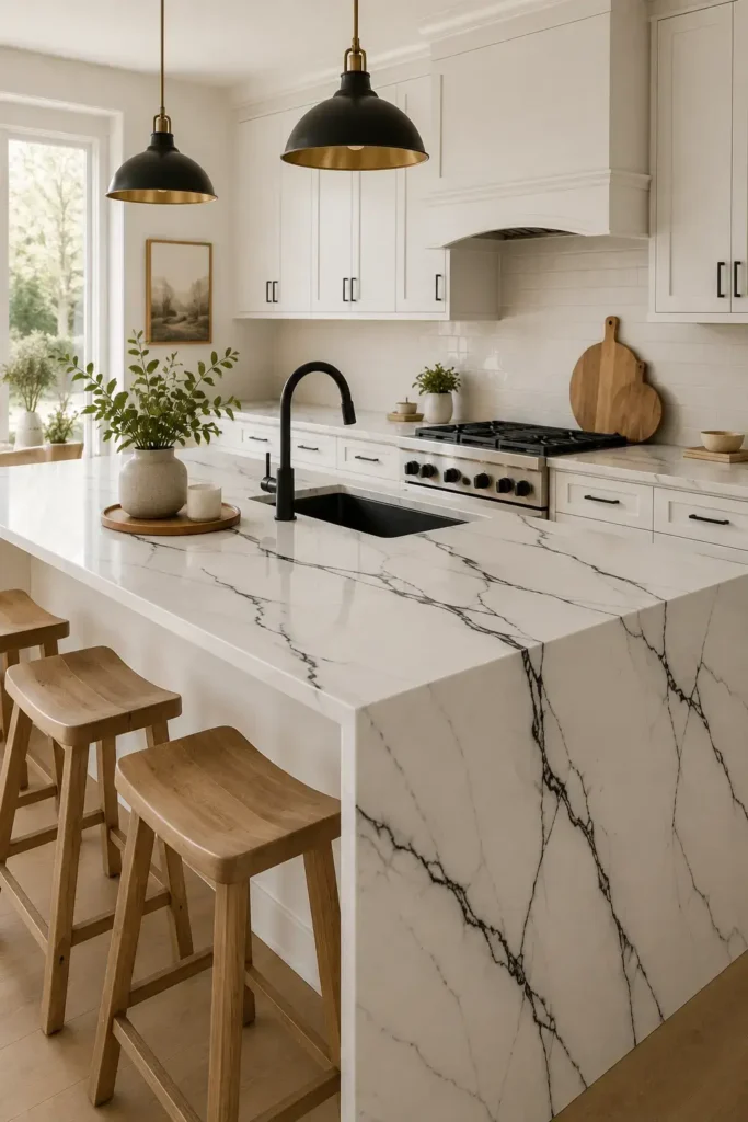 White kitchen countertop with dramatic black veining and white cabinets.