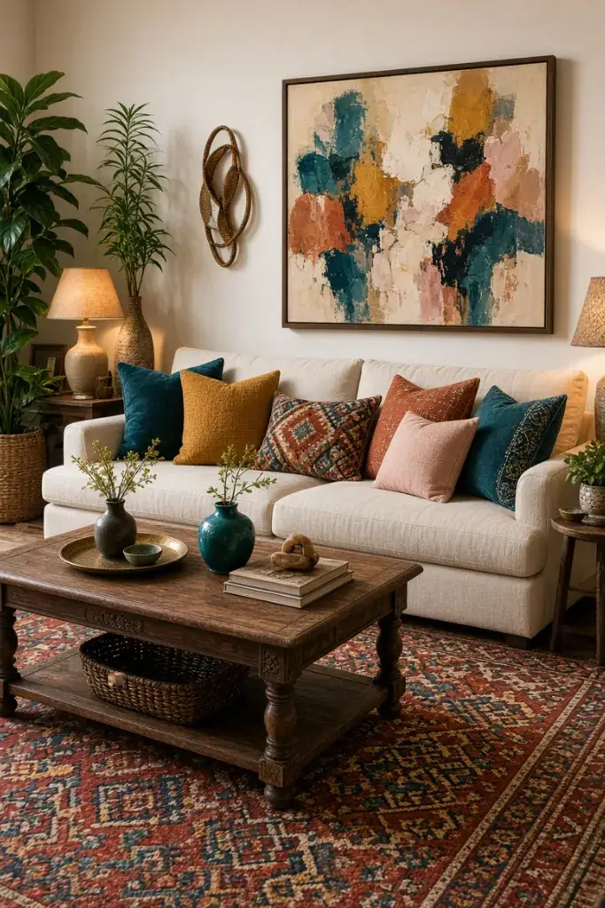 Colorful eclectic living room with teal, mustard, terracotta accents, patterned rug and artwork.