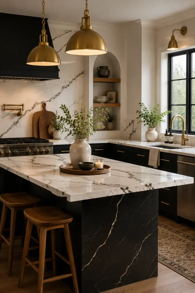 White marble countertops with black veining and matte black cabinets.