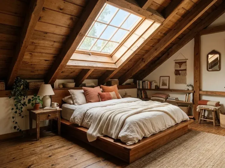 Cozy attic bedroom idea with wood beams and skylight