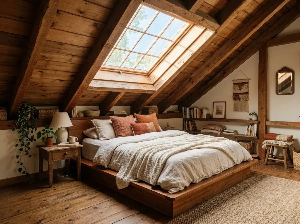 Cozy attic bedroom idea with wood beams and skylight