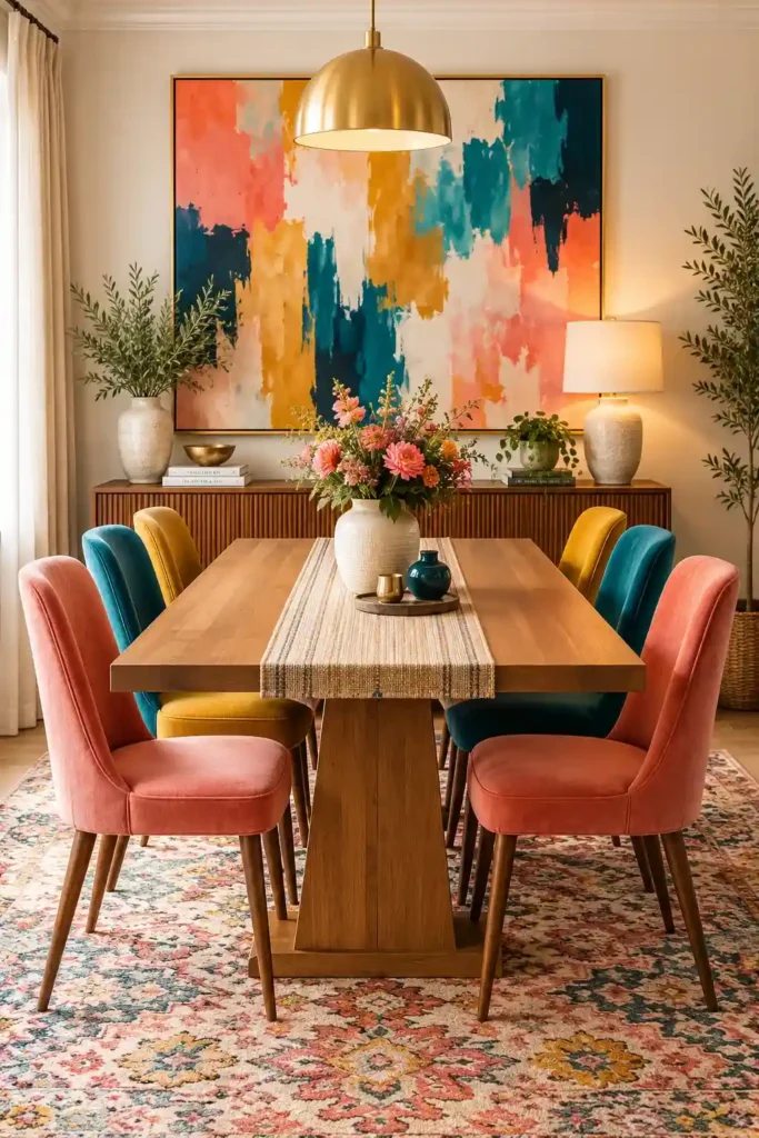 Colorful dining room with vibrant abstract wall artwork