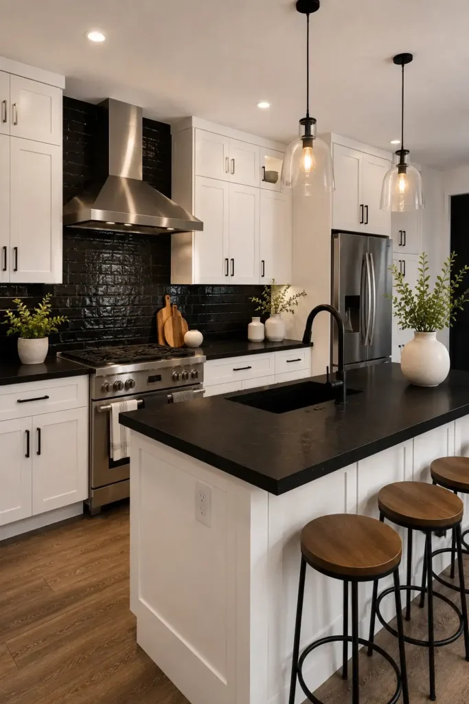 White kitchen cabinets with black countertops and a dramatic black backsplash.