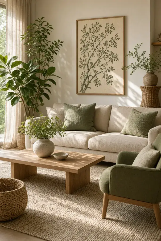 Earthy green and beige living room with sage cushions, natural wood and botanical decor.