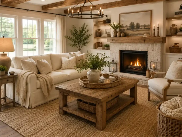 Cozy modern farmhouse living room with a cream sofa, rustic wood furniture, fireplace, and warm neutral decor.