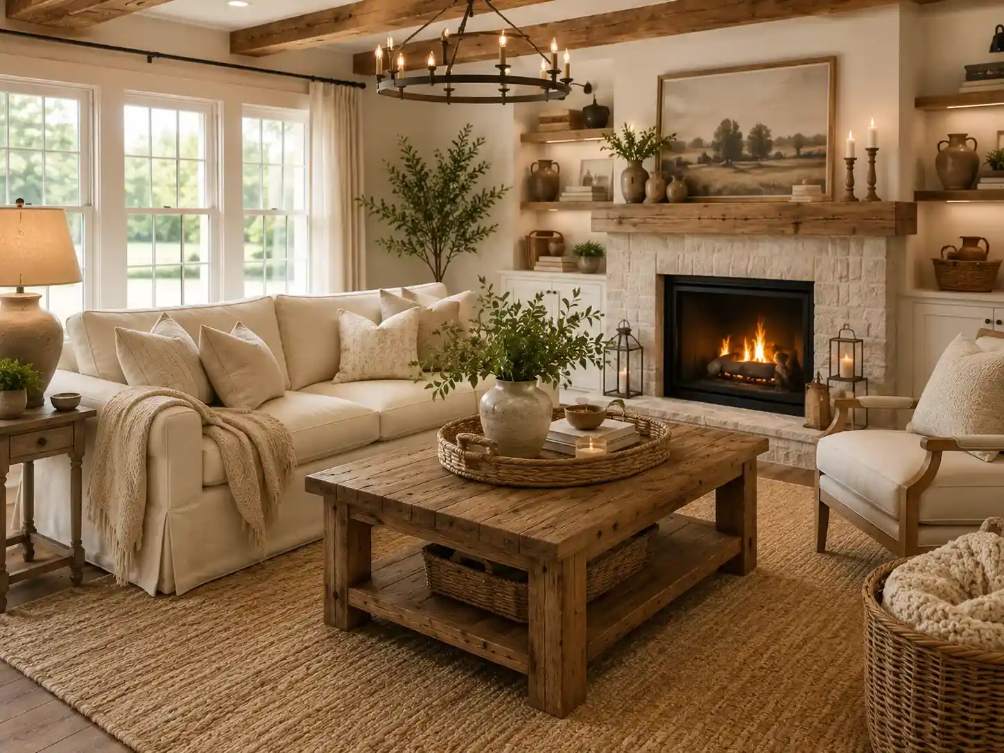 Cozy modern farmhouse living room with a cream sofa, rustic wood furniture, fireplace, and warm neutral decor.
