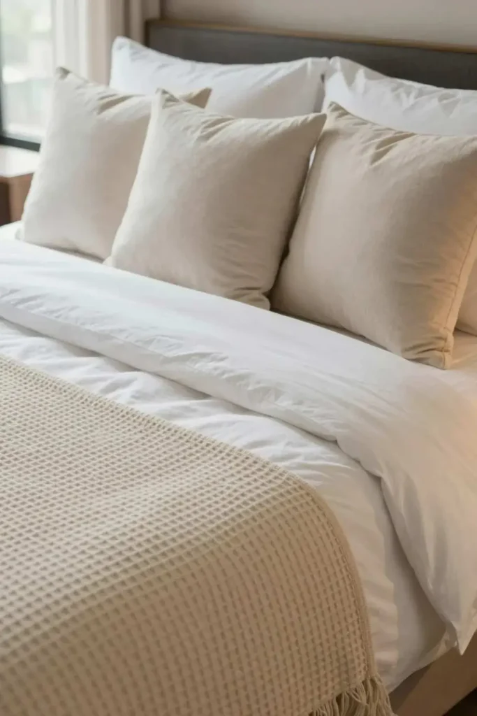 Hotel style layered bedding idea for a comfortable guest room
