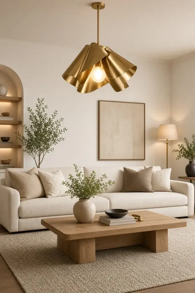 Modern living room featuring a large statement brass pendant light above a cream sofa.