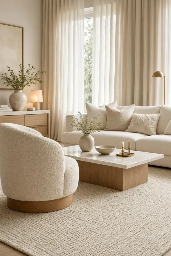 Luxurious cream living room with ivory sofa, boucle chair, marble table and layered textures.