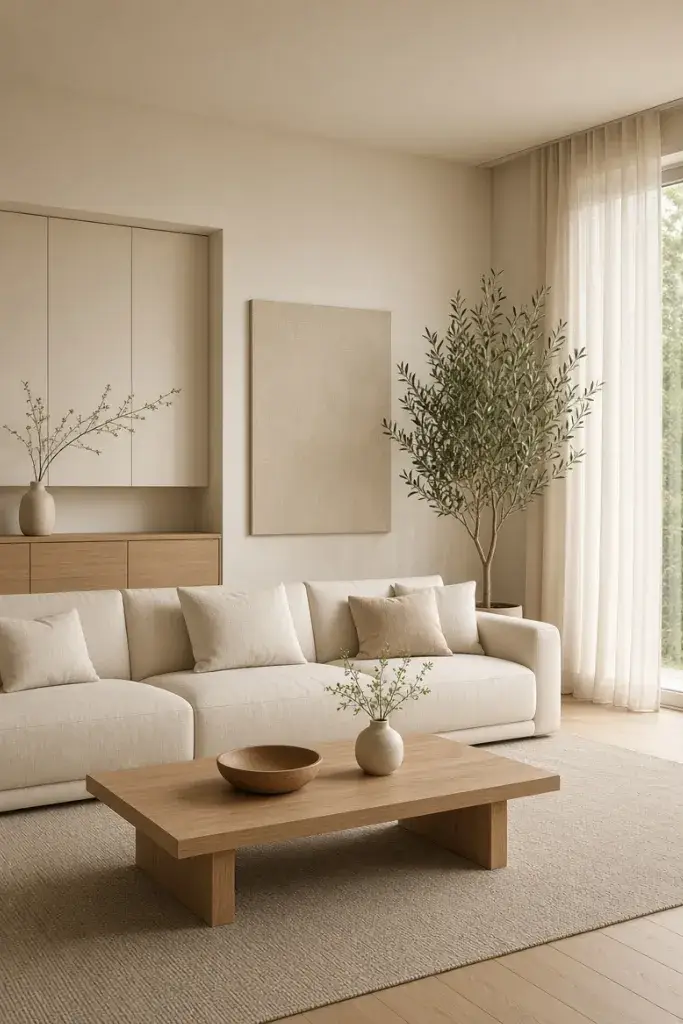 Minimalist modern living room with cream sofa, light oak table, neutral rug and uncluttered decor.