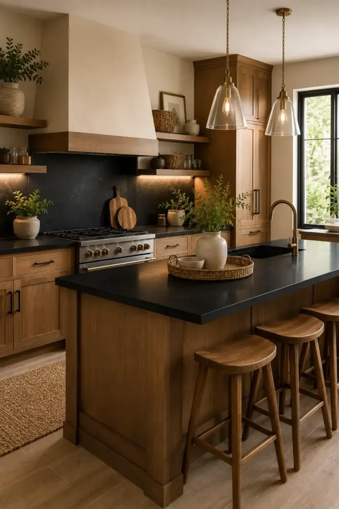Mix Black Countertops With Warm Wood