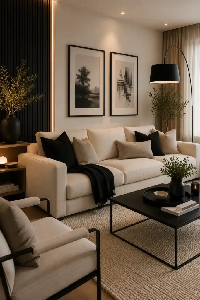 Modern black and cream living room with elegant contrast, neutral furniture and warm wood accents.