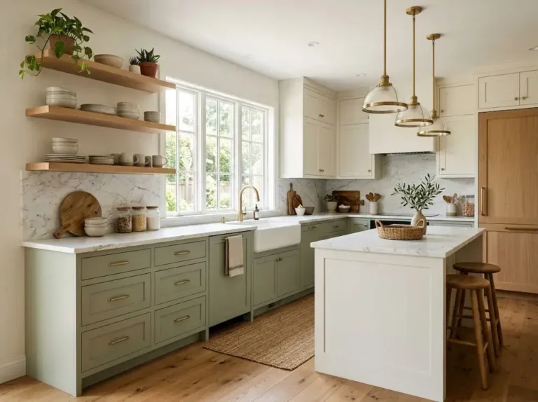 Modern kitchen with sage green and cream cabinets, brass handles, marble countertops, and natural wood accents.