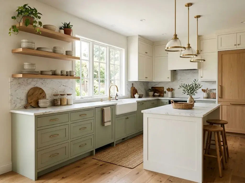 Modern kitchen with sage green and cream cabinets, brass handles, marble countertops, and natural wood accents.