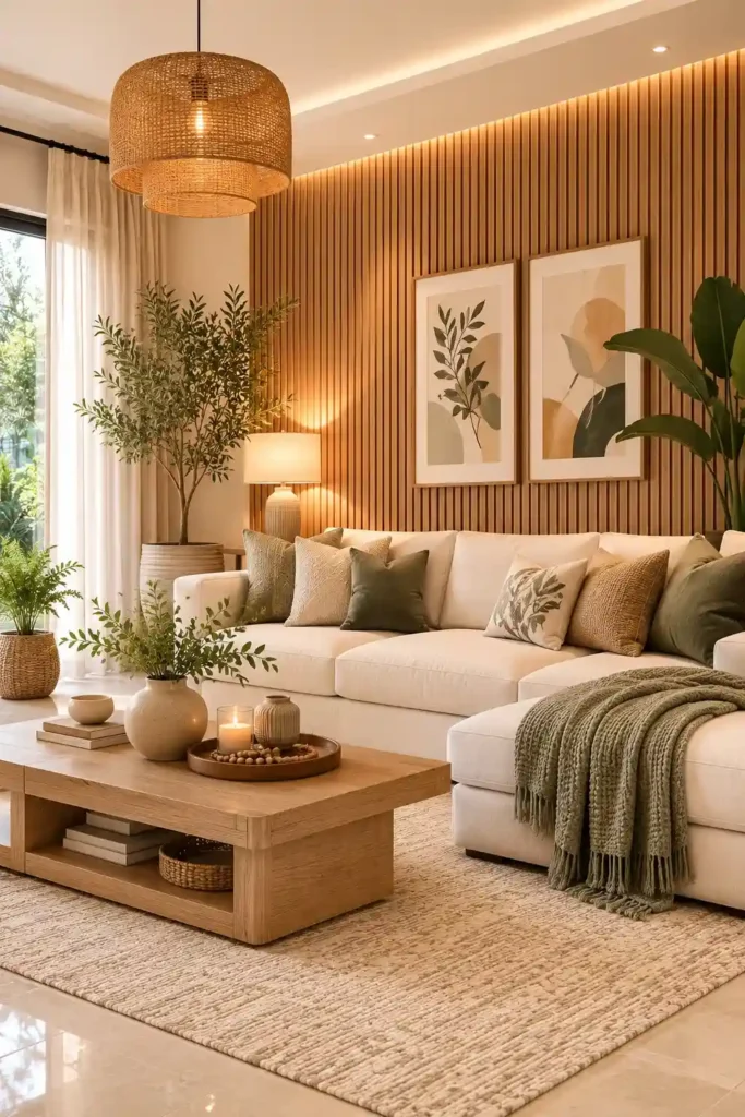 Modern living room with natural oak wood accent wall, cream sofa, plants and minimalist decor.