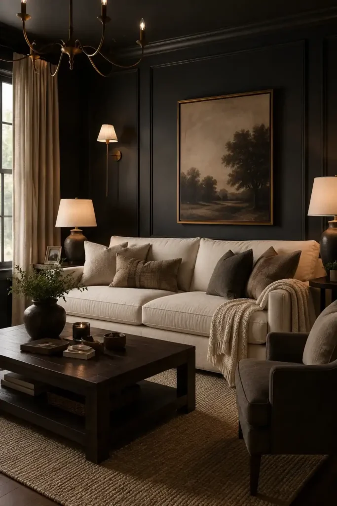 Moody charcoal living room with cream sofa, brass lighting, dark walls and warm cozy accents.