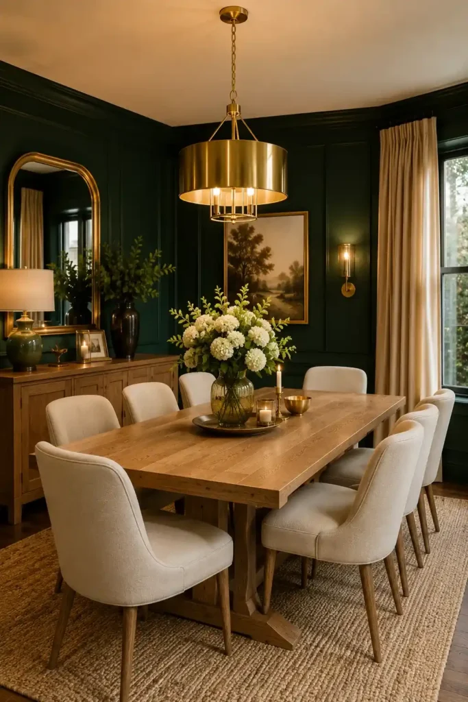 Emerald green colorful dining room with natural wood table and cream chairs