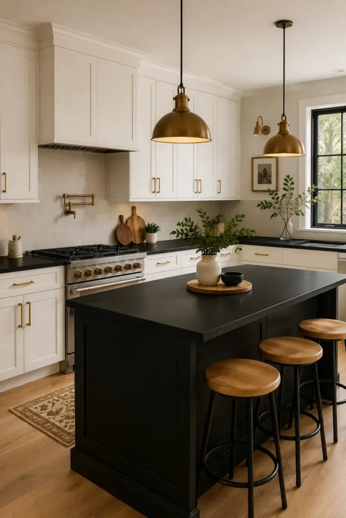 Modern kitchen with black countertops and white cabinets.