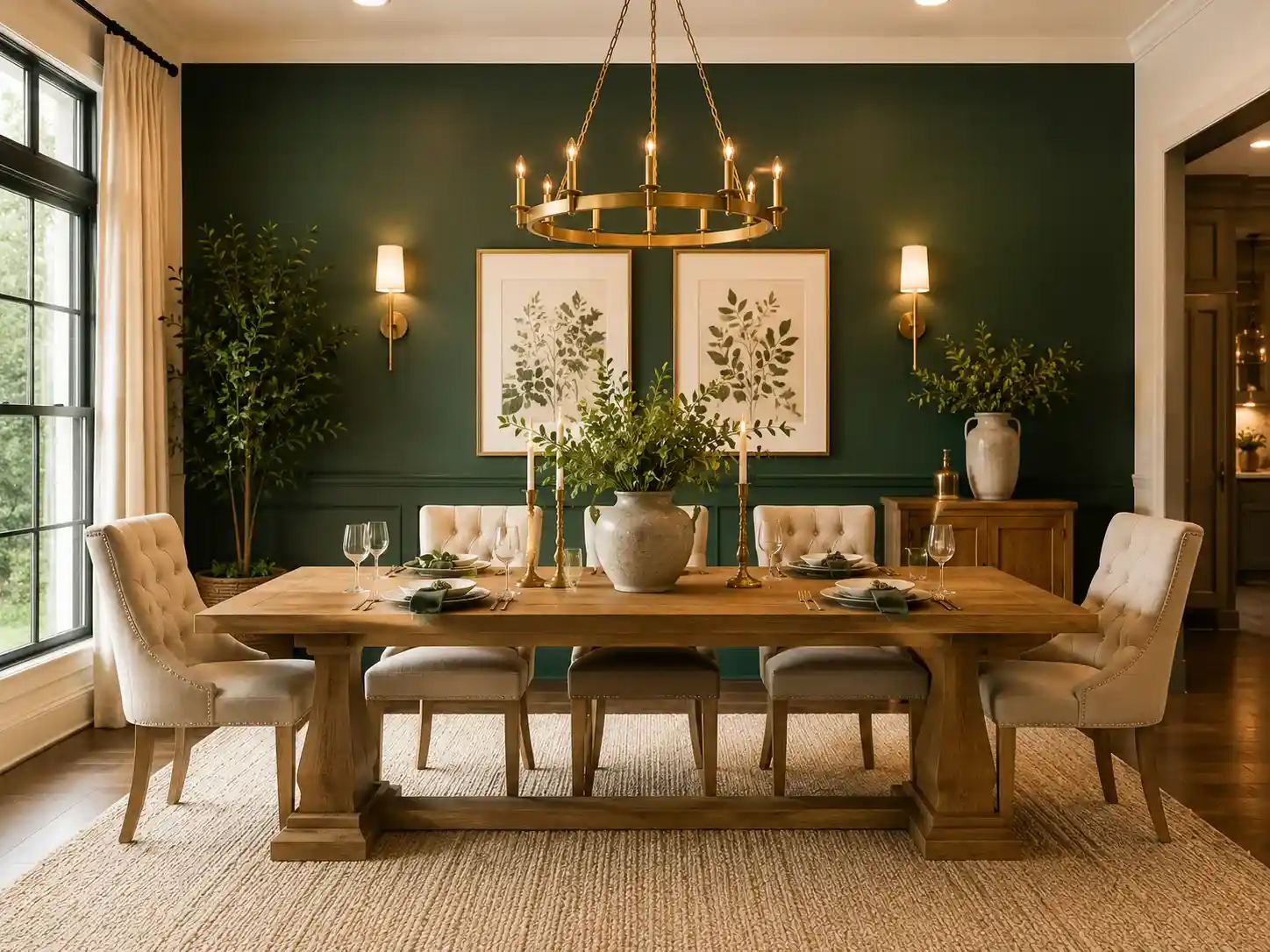 Elegant green dining room with emerald accent wall, oak dining table, and brass lighting
