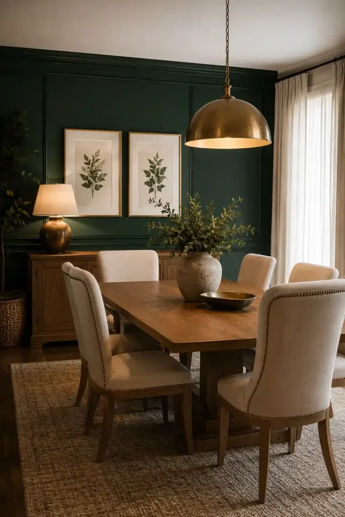 Deep green dining room with oak table and brass lighting