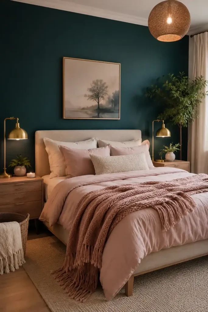 Teal accent wall with blush pink bedding in a cozy bedroom